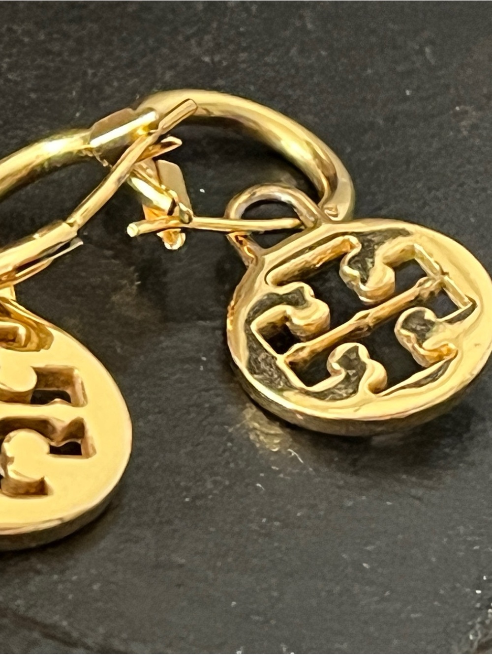 Tory Burch Gold Logo Drop Hoop Earrings with Medallions